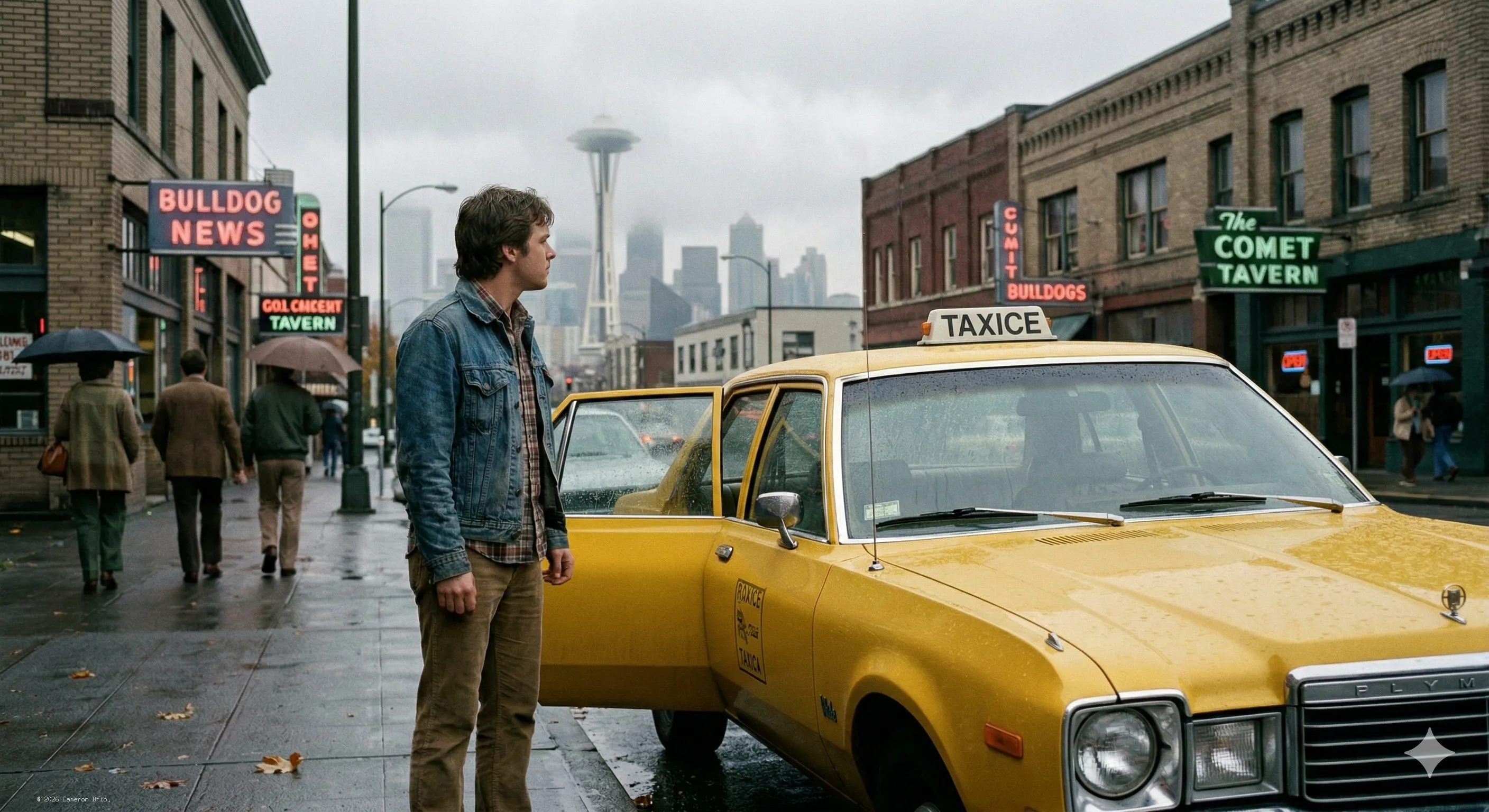 An image of a taxi driver standing at the side of his cab, on a street in Seattle's Capial Hill, Space Needle is visible.