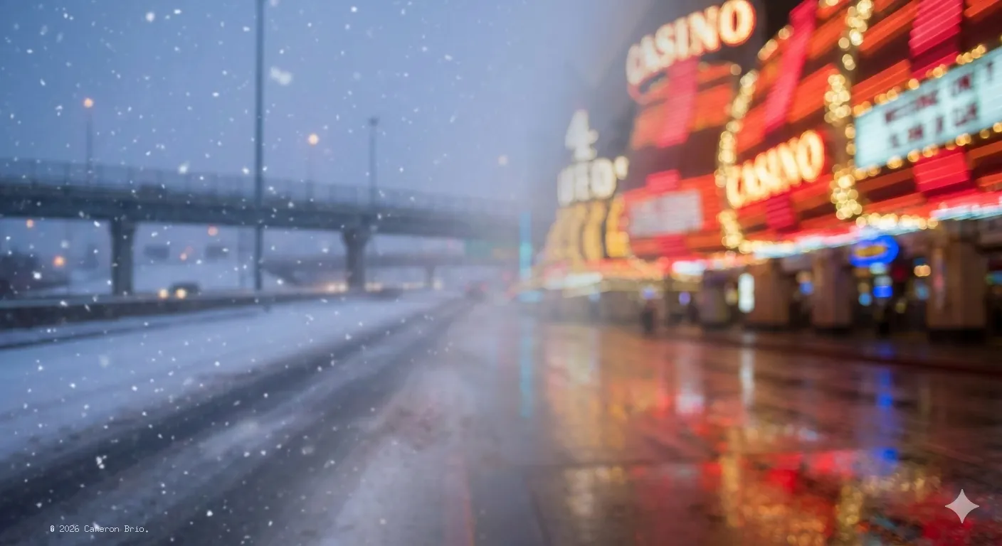 A split-focus atmospheric image showing a blurred, snowy highway bridge on the left transitioning into the warm, glowing neon lights of a Las Vegas casino on the right.