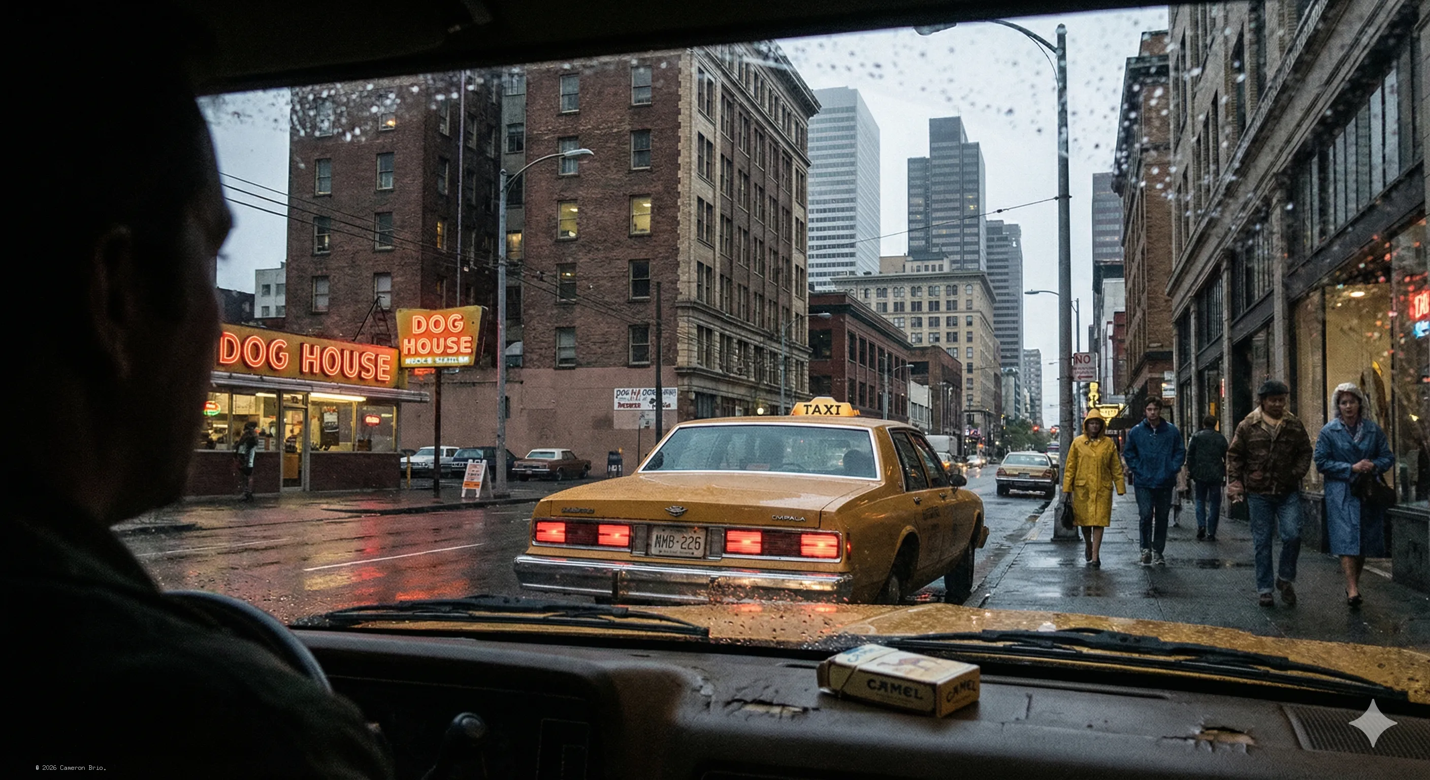 An picture of a yellow cab with a view of Seattle in 1980s.