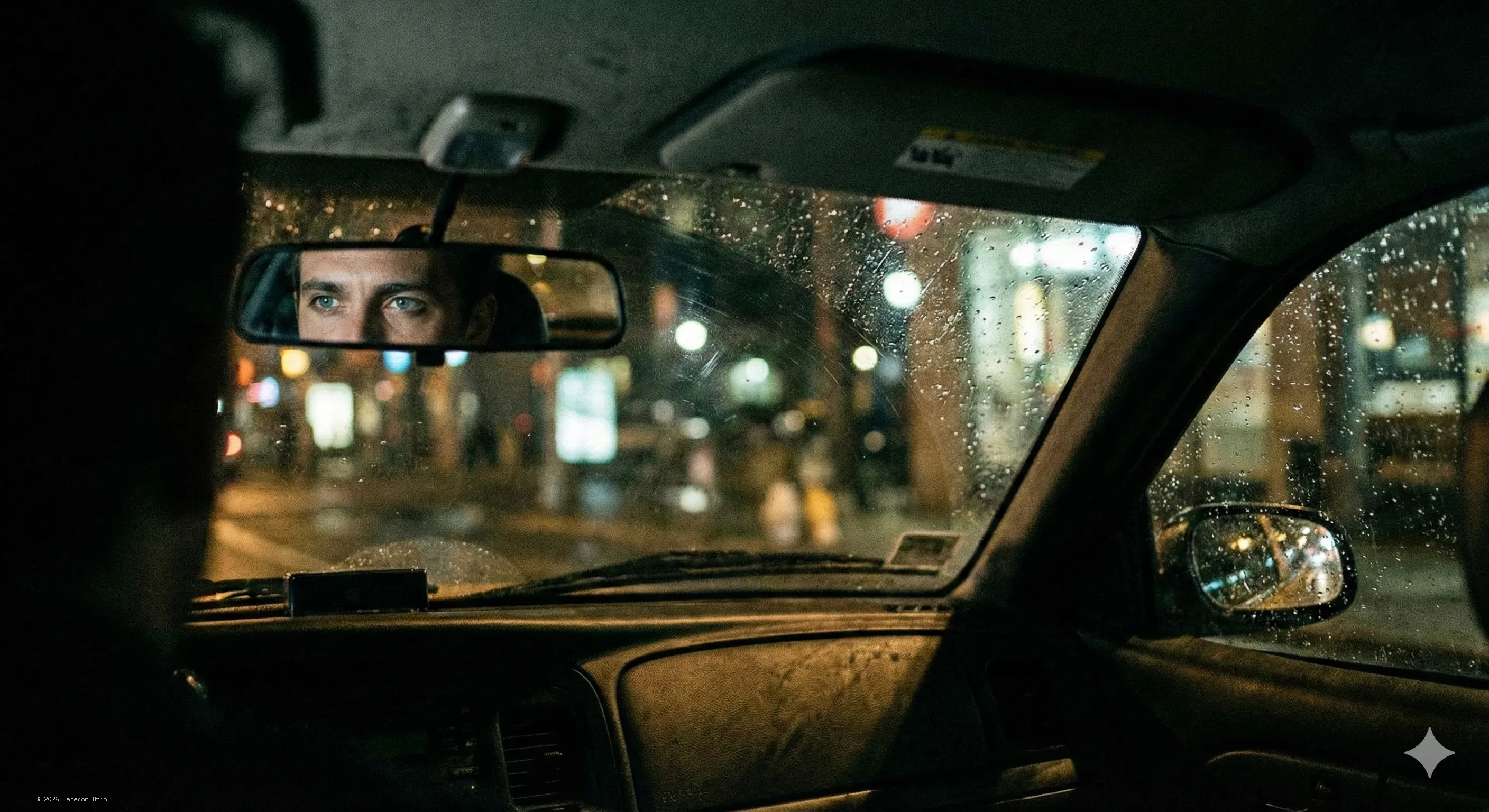 An image of a blue eyed man, sitting in a cab, looking at the rearview mirror.