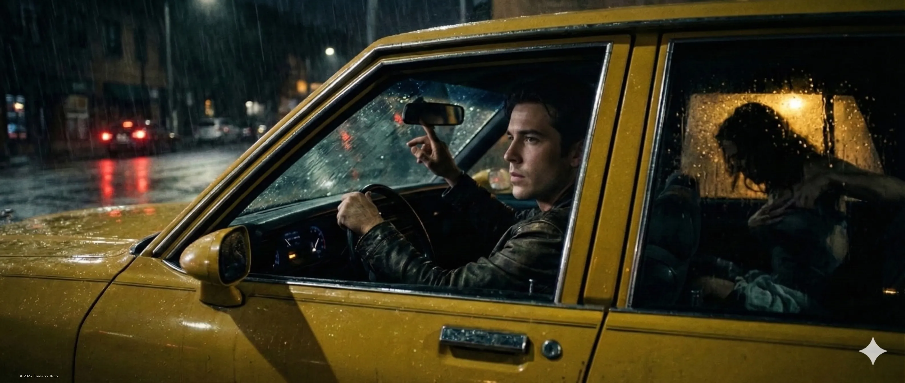An image of a taxi driver behind the wheel, dimming the beam light rearview mirror, a blured image of a woman in the back seat changing cloths.