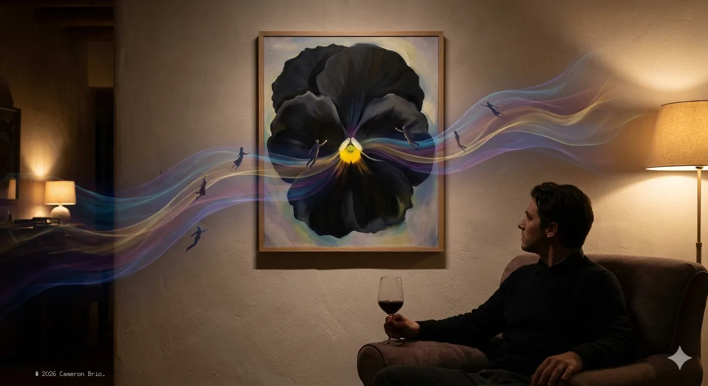 Georgia O'Keeffe Pansy 1926 hangin on the wall. Small people riding on a wave and trying to touch the petals of flower.