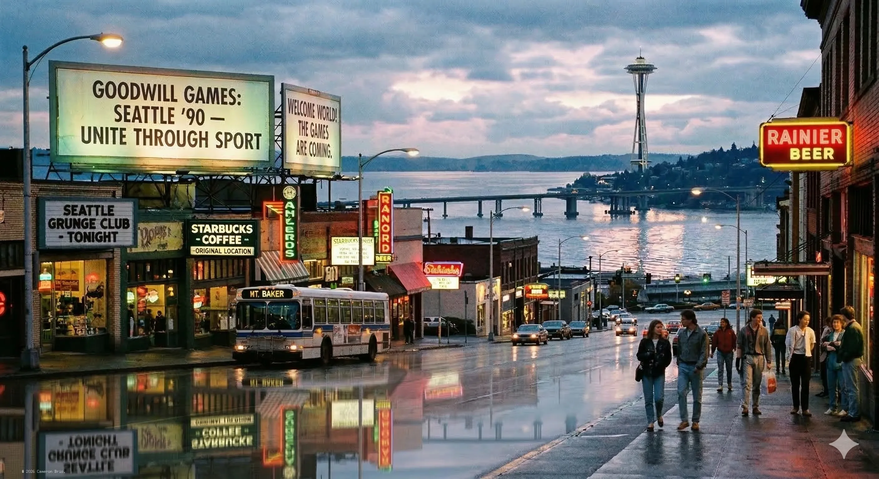 A view of street in Seattle, A sign of the 1990 Goodwill Games, Space Needle.