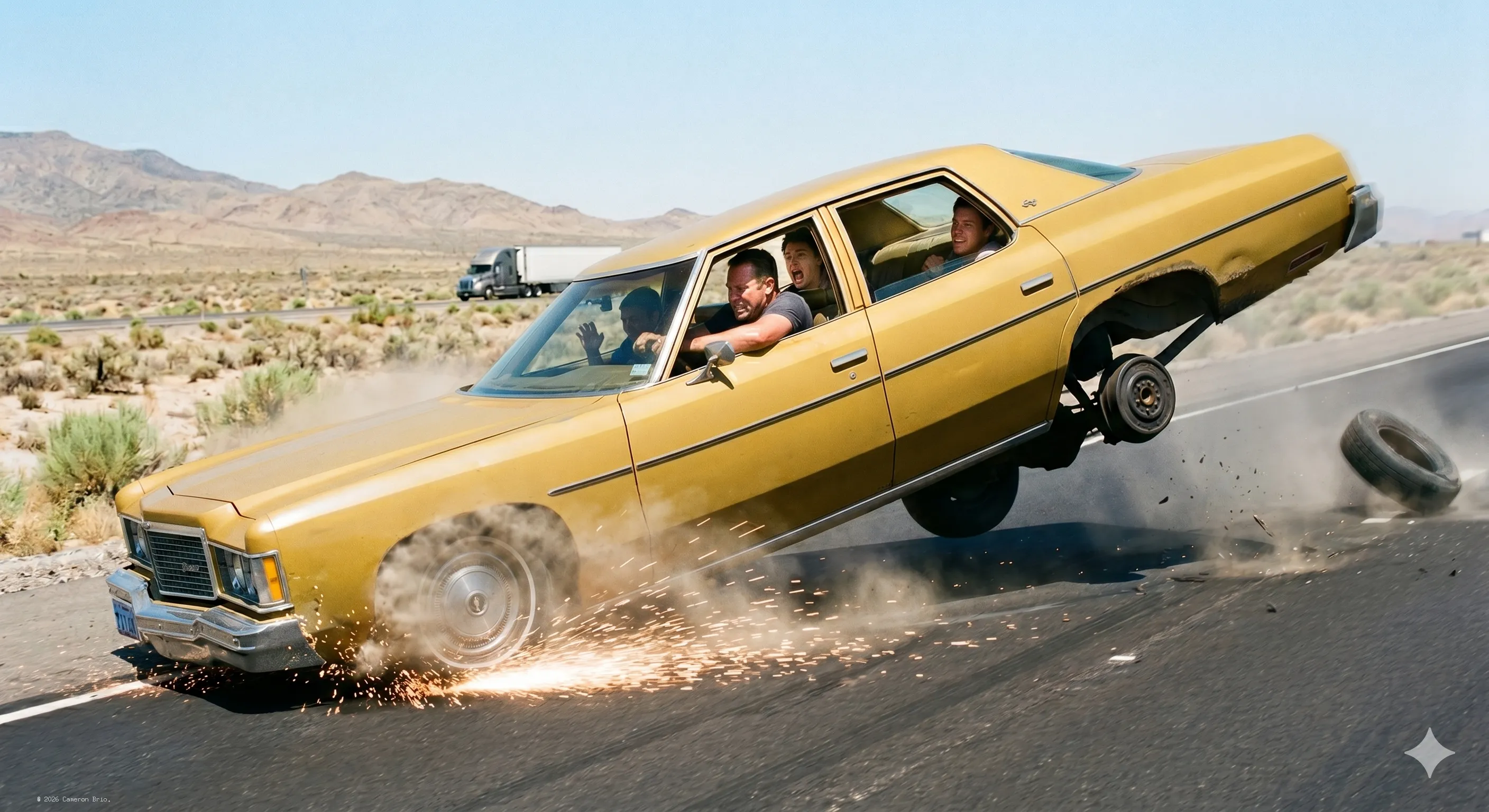 I-80, Desert Strech, yellow car, tire blown, men in distress.