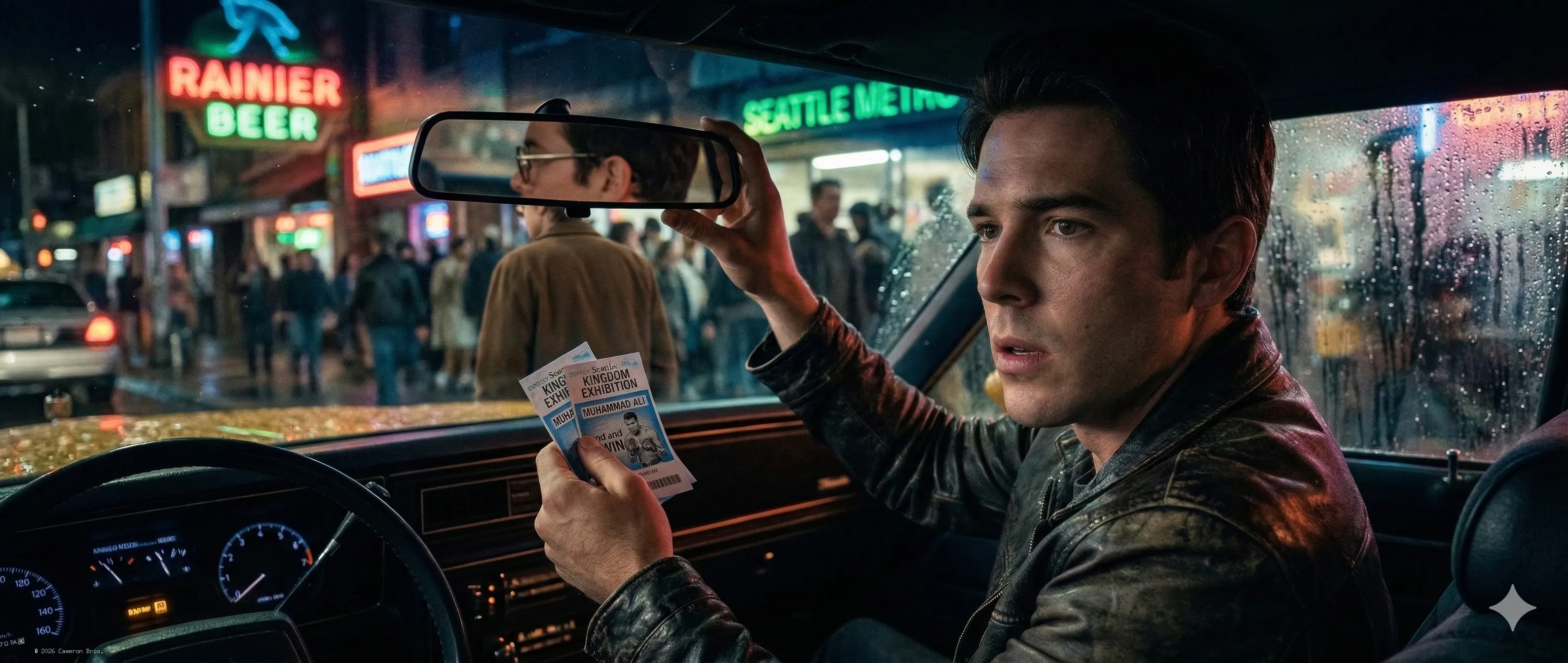 An image of a taxi driver behind the wheel, dimming the beam light rearview mirror, a blured image of a woman in the back seat changing cloths.