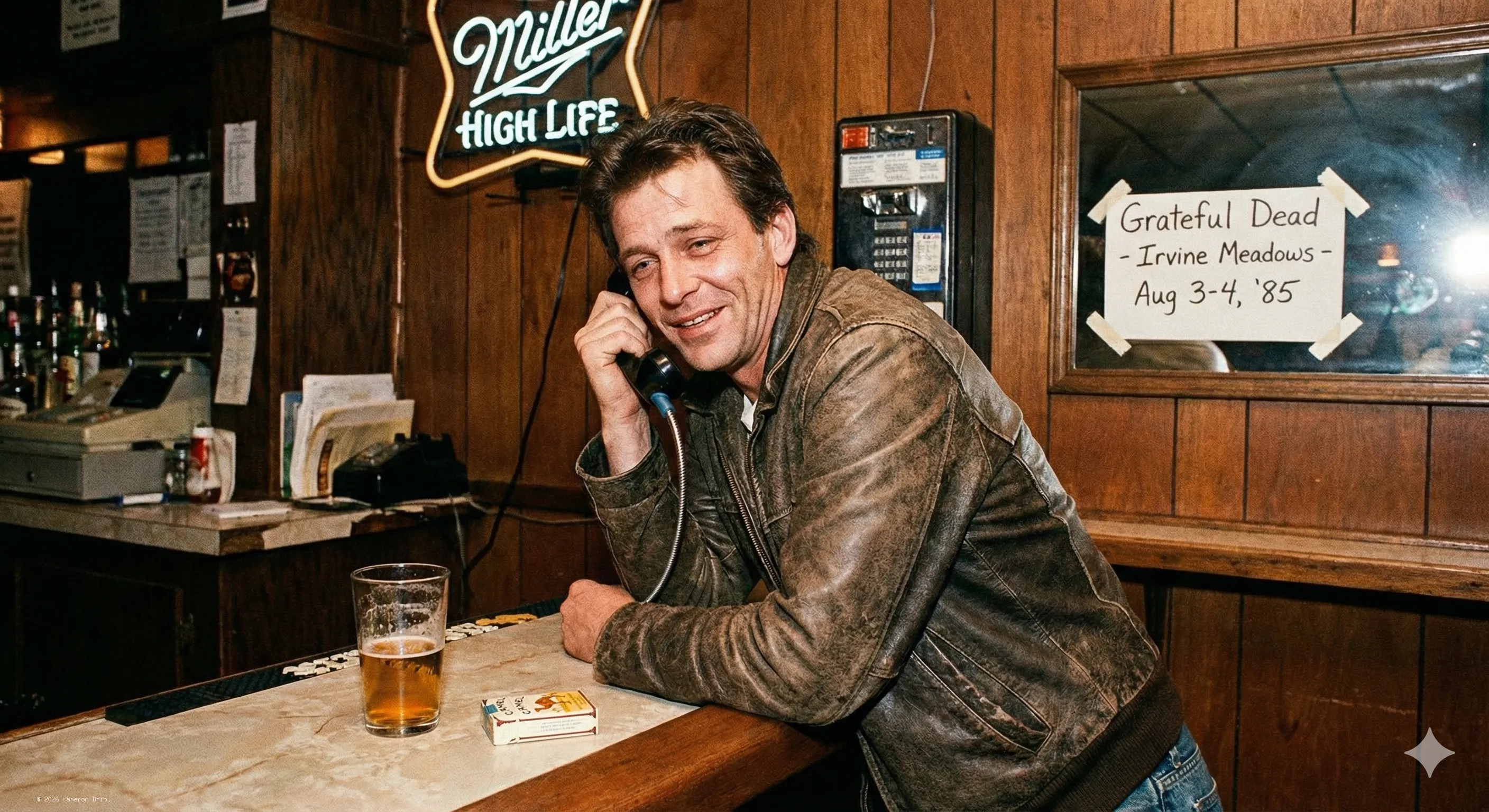 An picture of a man talking on the payphone in a bar.
