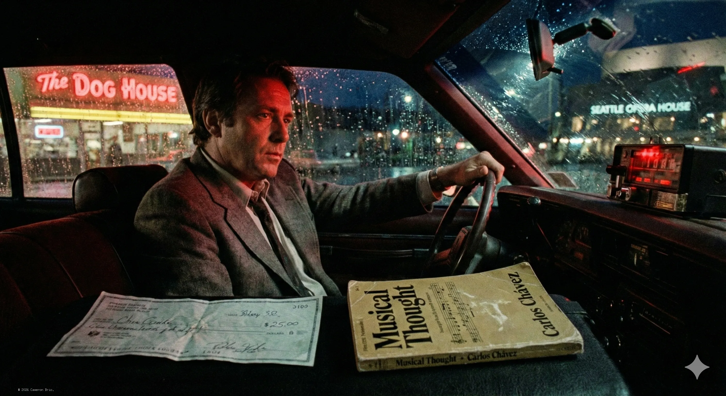 An image of a sitting in a taxi, a check for $25 and a book called Musical Thoughts by Carlos Chavez is visible