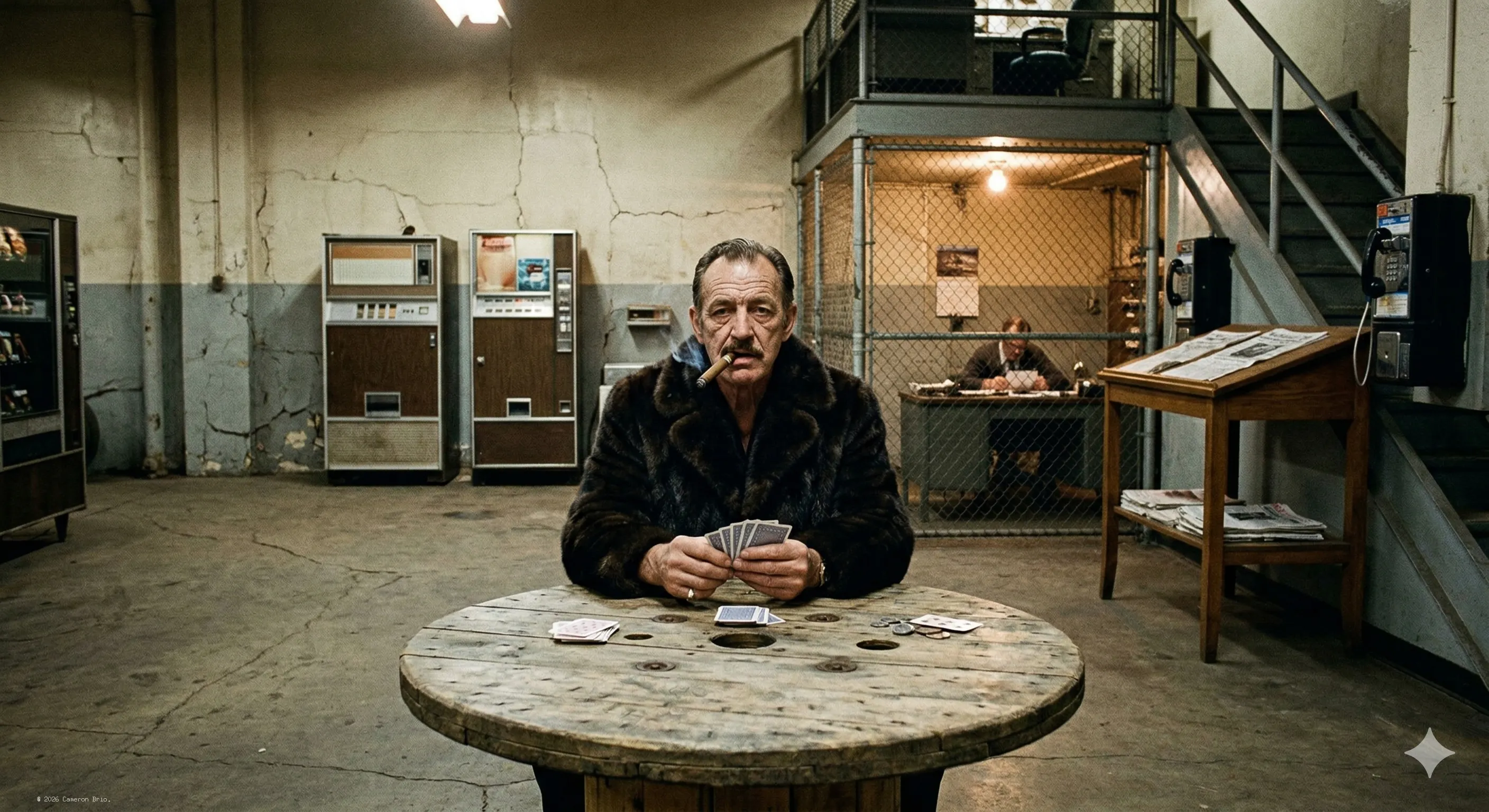 An old man playing cards, while smoking a cigar.