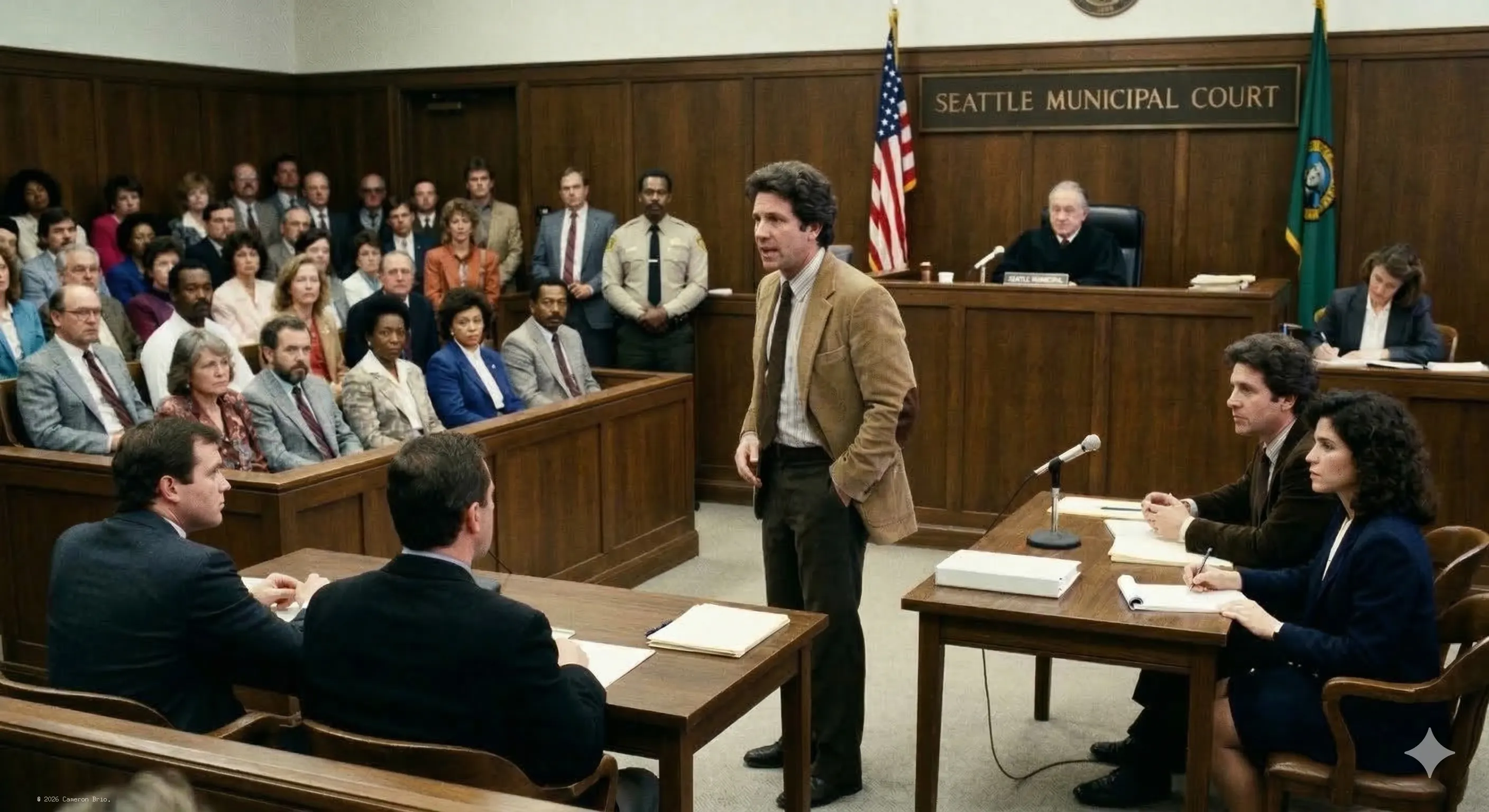 A lawyer arguing in Seattle Municipal Court.