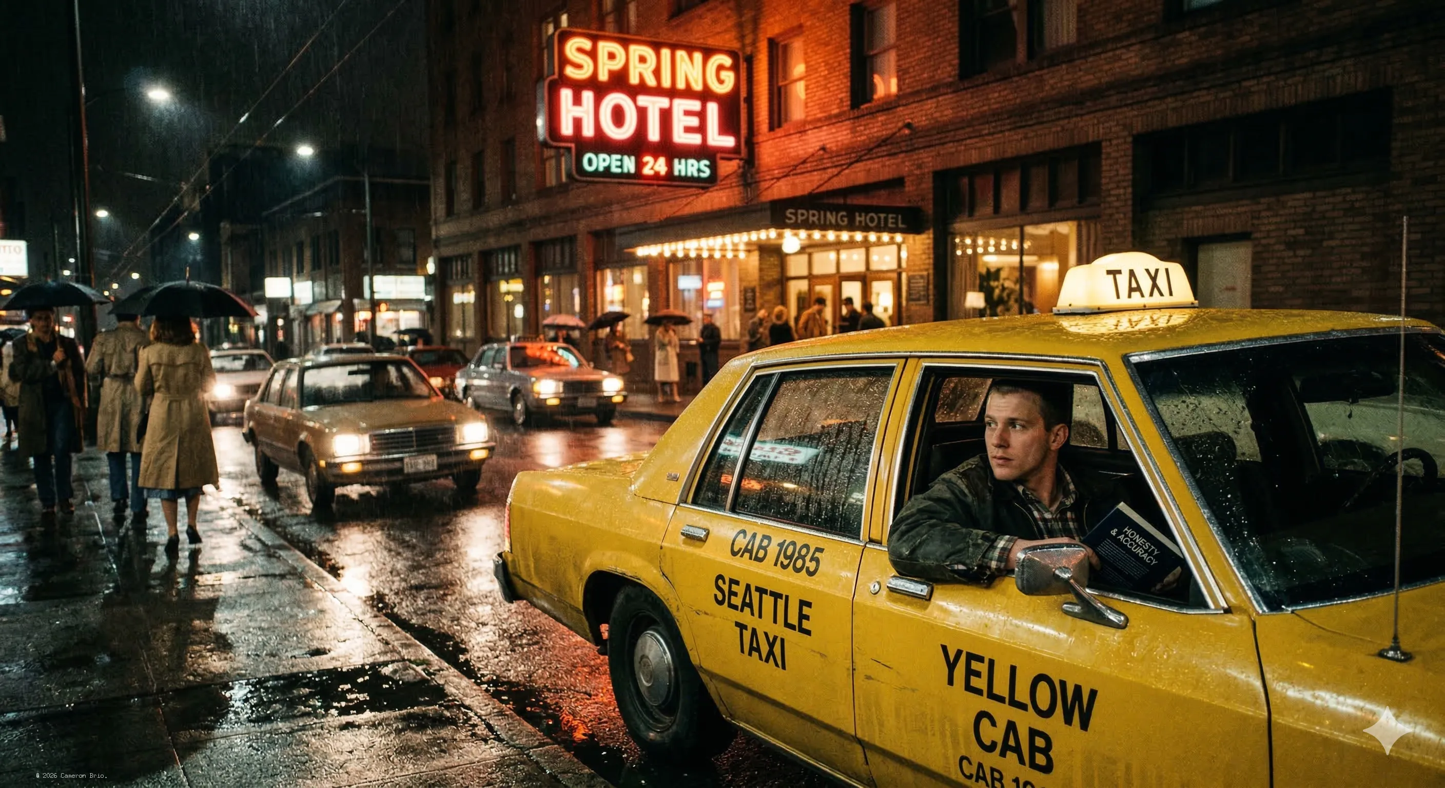 A yellow cab parked at Spring Hotel in Seattle