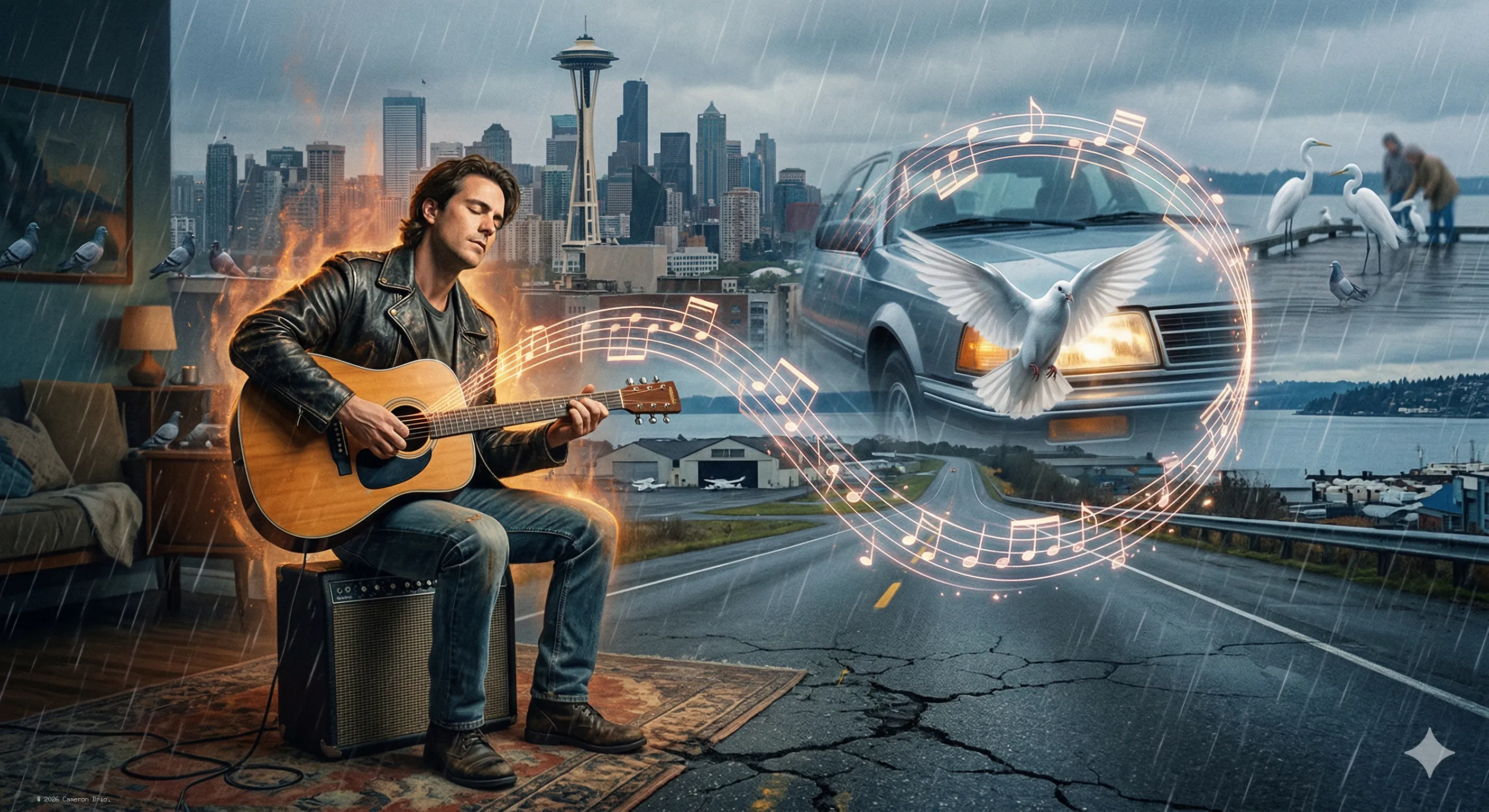 Surreal, imaginary picture of a man playing guitar.