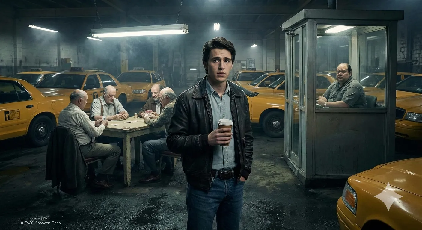 An image of a man standing in a cab lot, holding a coffe, men are playing cards in the background.