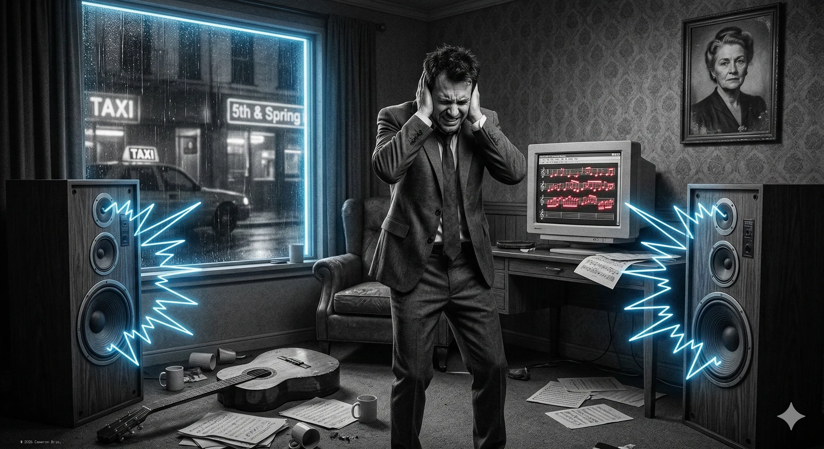 An man standing in a room, covering his ears, because of the Discord of this own composition.