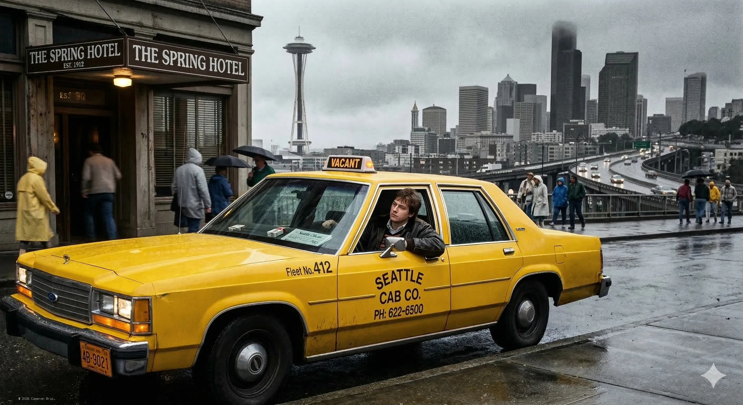 A yellow can parked at Spring Hotel, Seattle Space Needle in the background.