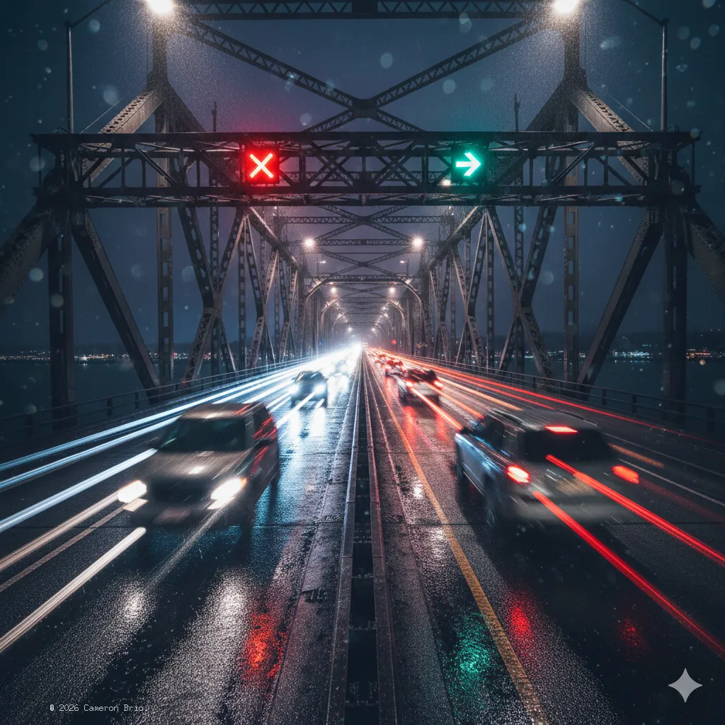 An image of a brdige, ligh rain, with the red X one lane.