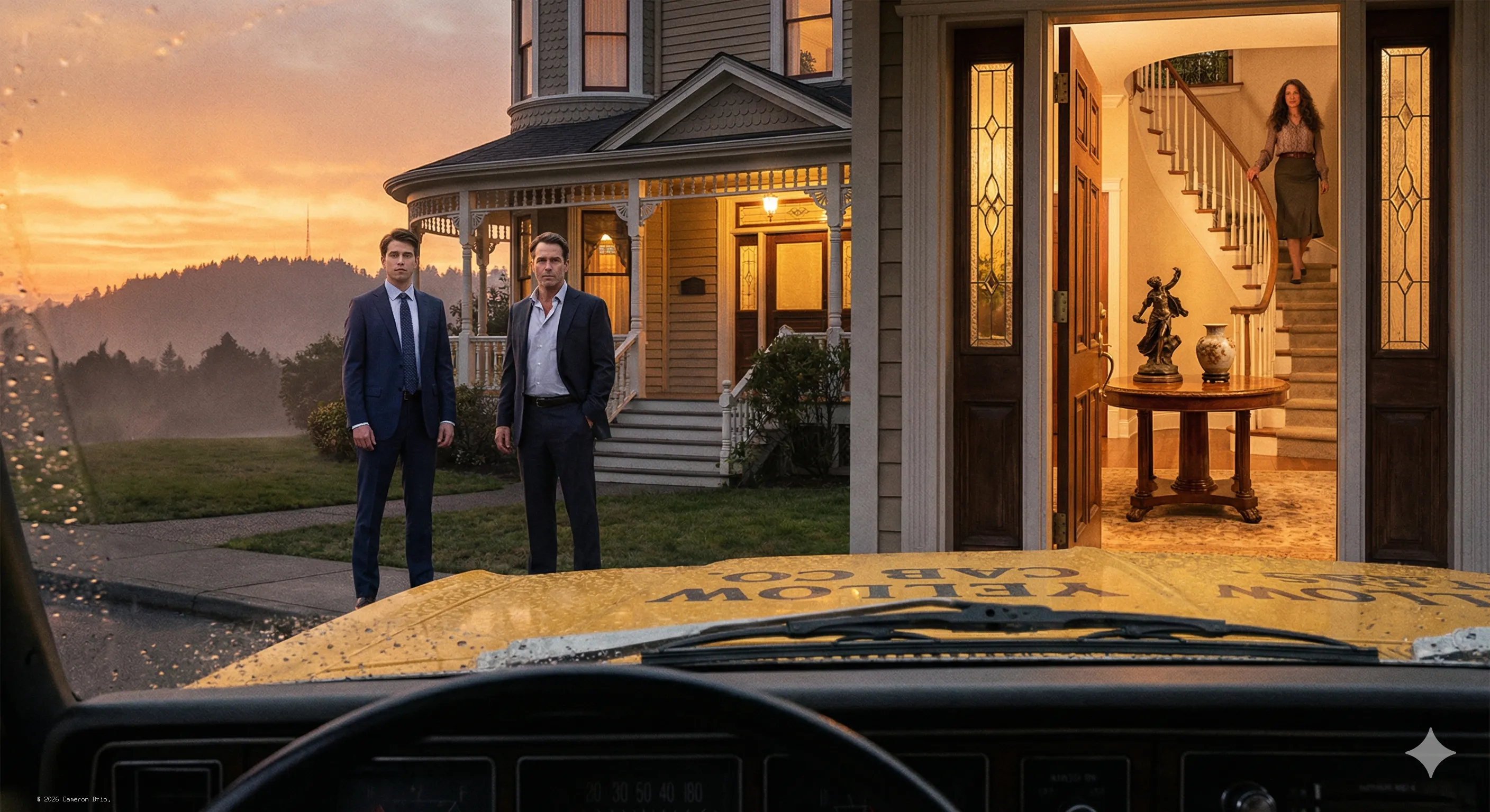 Two business men in front of a house.